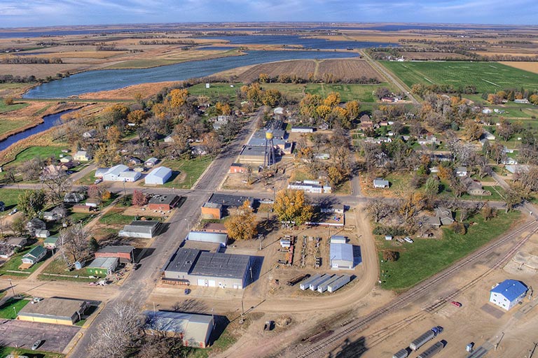 Aerial view of rural small town