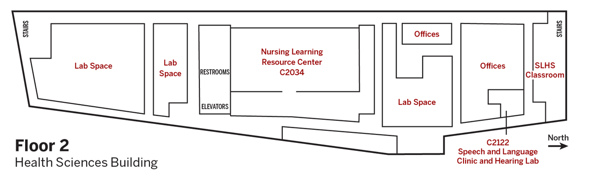 Diagram map of the Health Sciences building second floor 